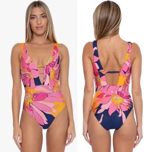 Trina Turk Purple&Pink Floral Breeze Plunging V One Piece Swimsuit Sz.14 - Picture 1 of 15